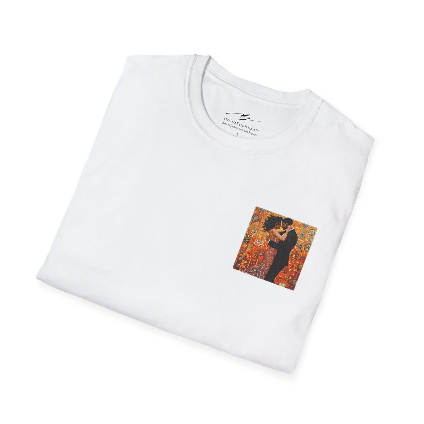 Amber Embrace Pocket Print T-Shirt | Klimt-Inspired Latin Dance Art | Salsa Bachata Couple Top | Unisex Studio Wear | Dance Lifestyle