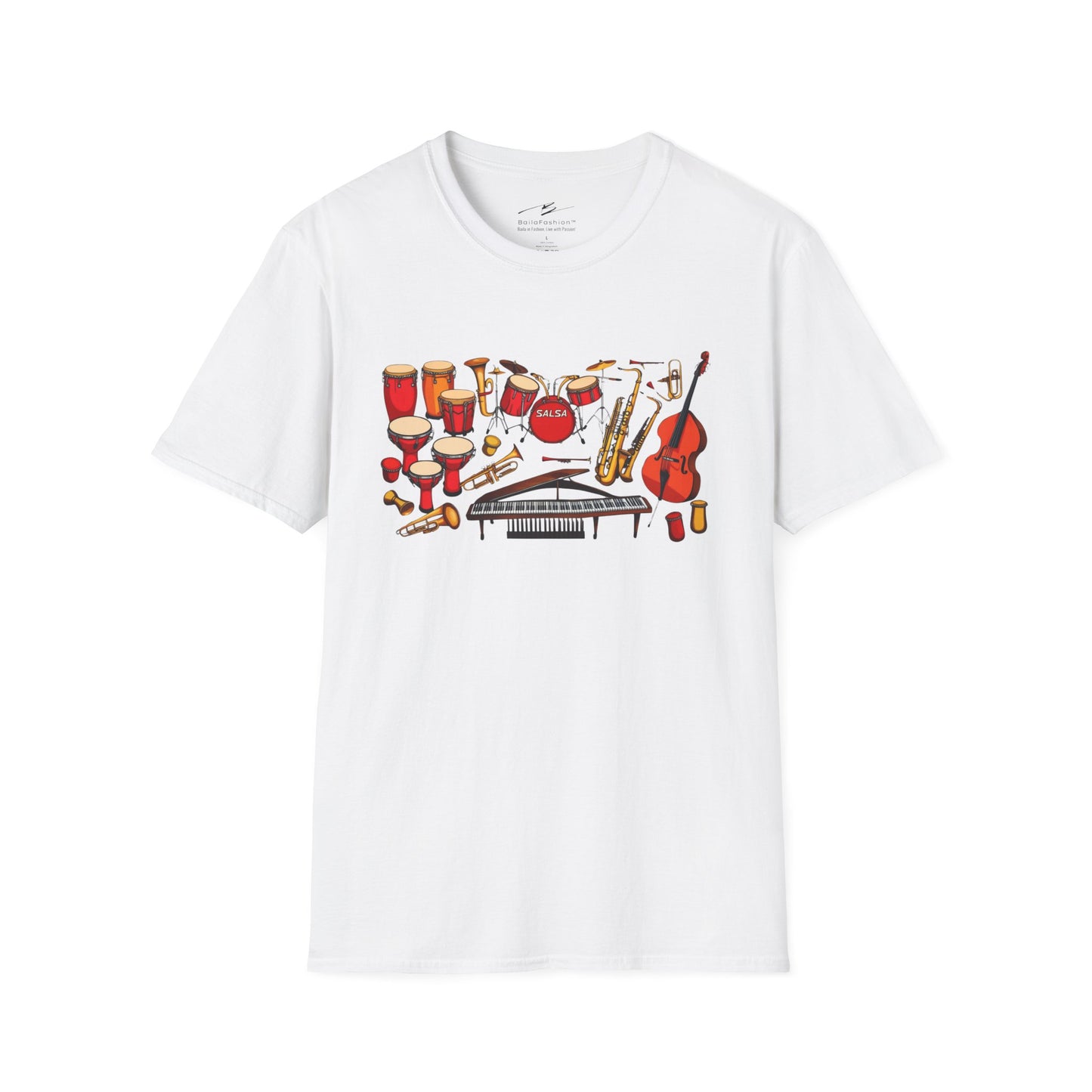 Salsa Orchestra Instruments T-Shirt | Latin Music Band Art | Musician Dancer Gift | Vibrant Red Gold Design | Comfy Couple Casual Wear