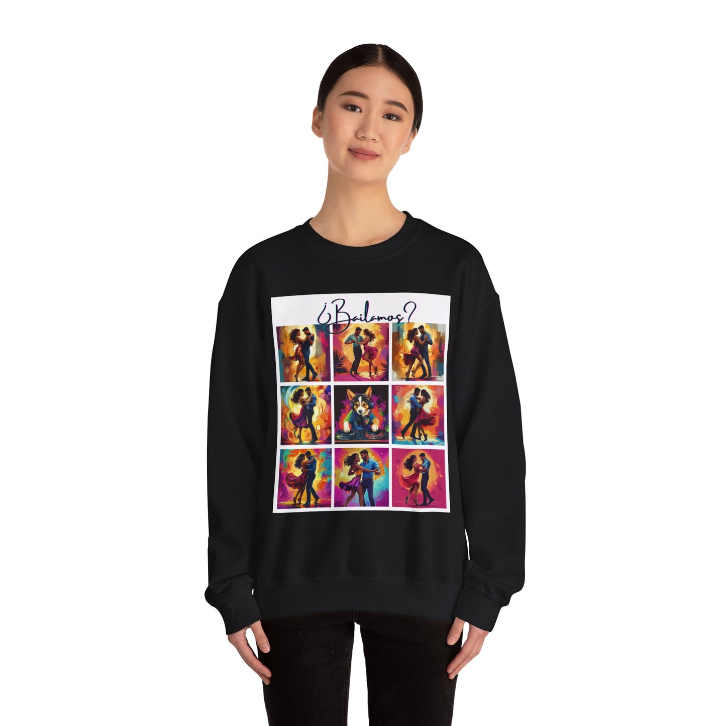 Bailamos? Latin Dance Collage Sweatshirt | DJ Corgi Salsa Bachata Art | Colorful Dance Couple | BailaFashion Sweater | Dance Practice Wear