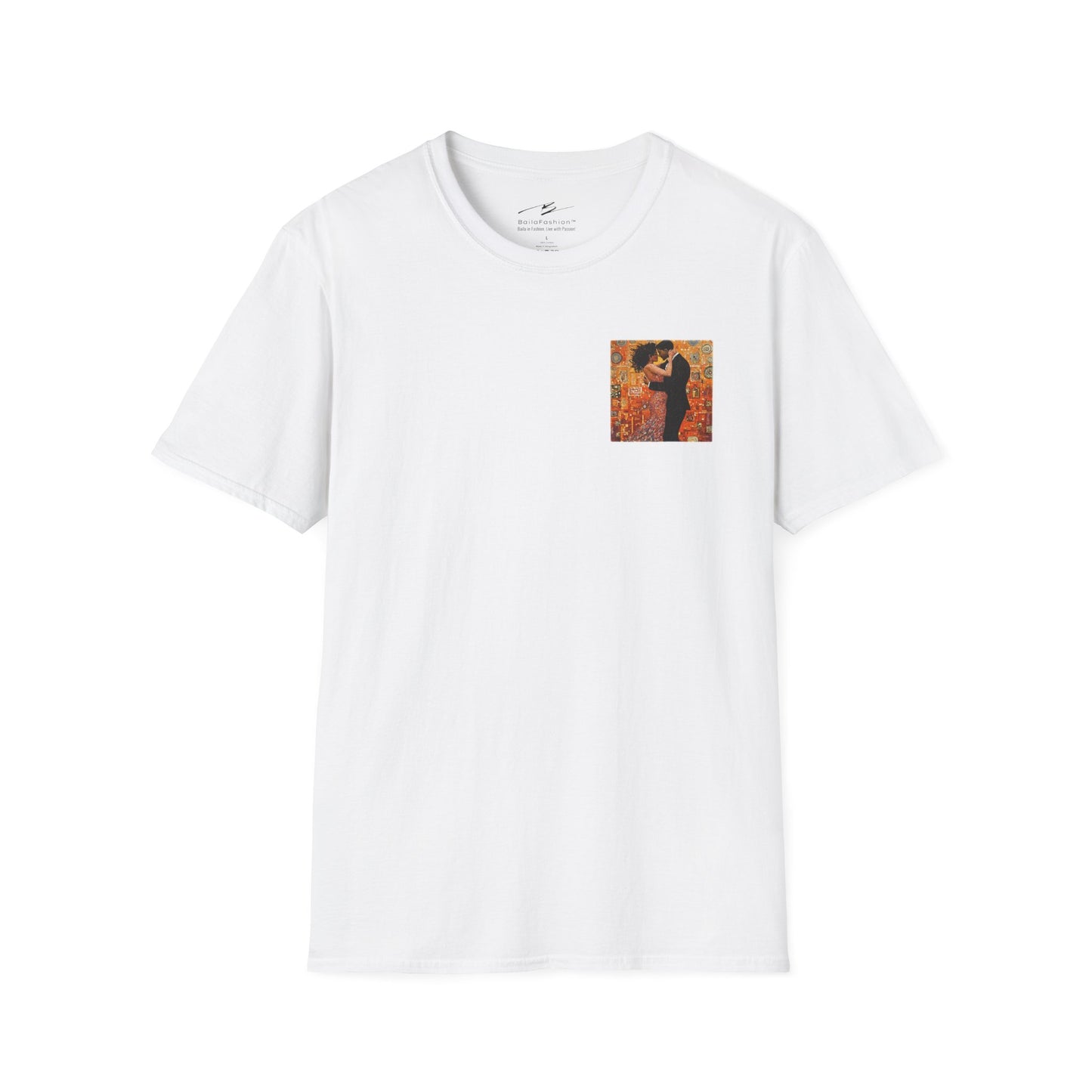 Amber Embrace Pocket Print T-Shirt | Klimt-Inspired Latin Dance Art | Salsa Bachata Couple Top | Unisex Studio Wear | Dance Lifestyle