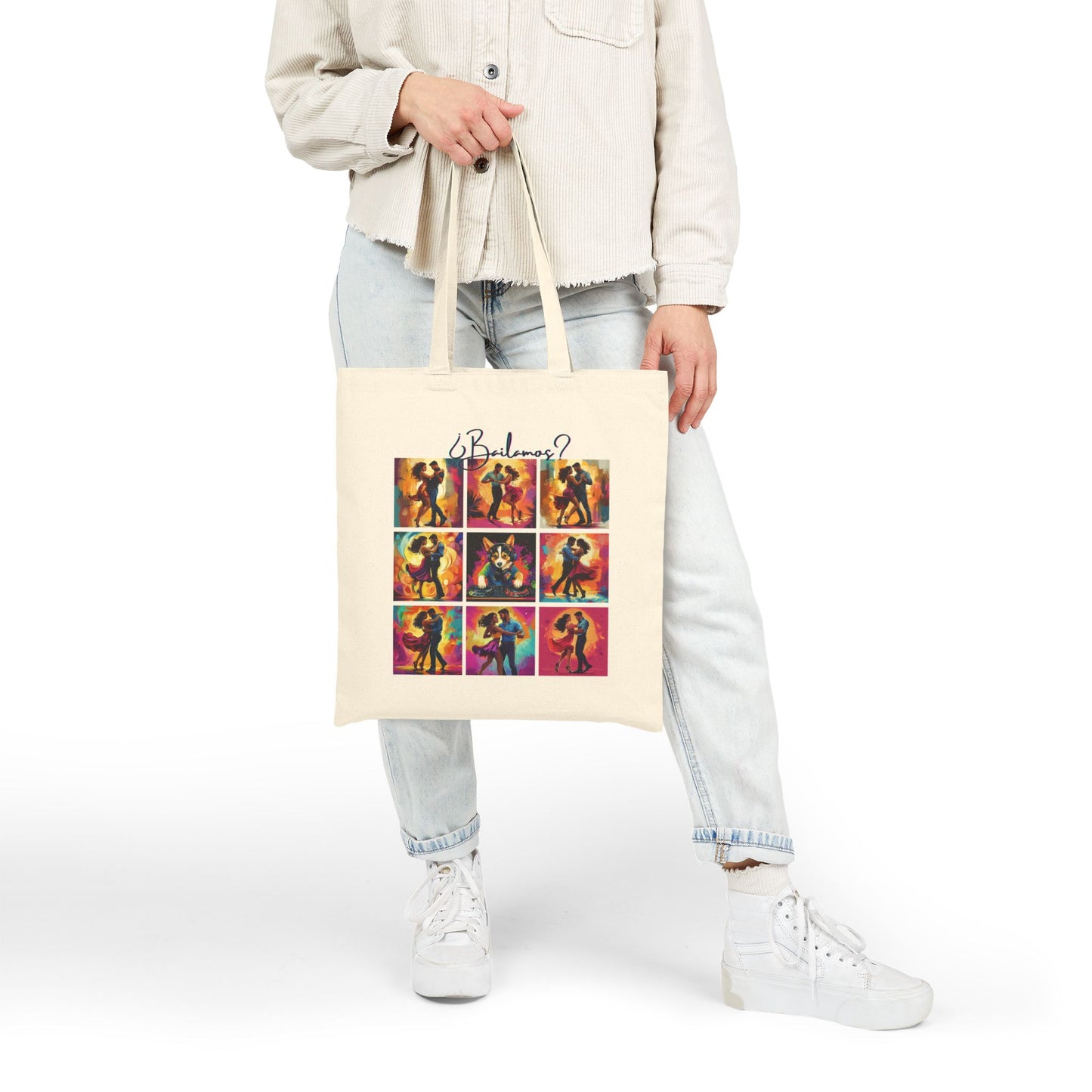 Bailamos Latin Dance Collage Tote Bag | Modern Dance Art | Colorful Couple Illustrations | DJ Dog Design | BailaFashion Dance Lifestyle