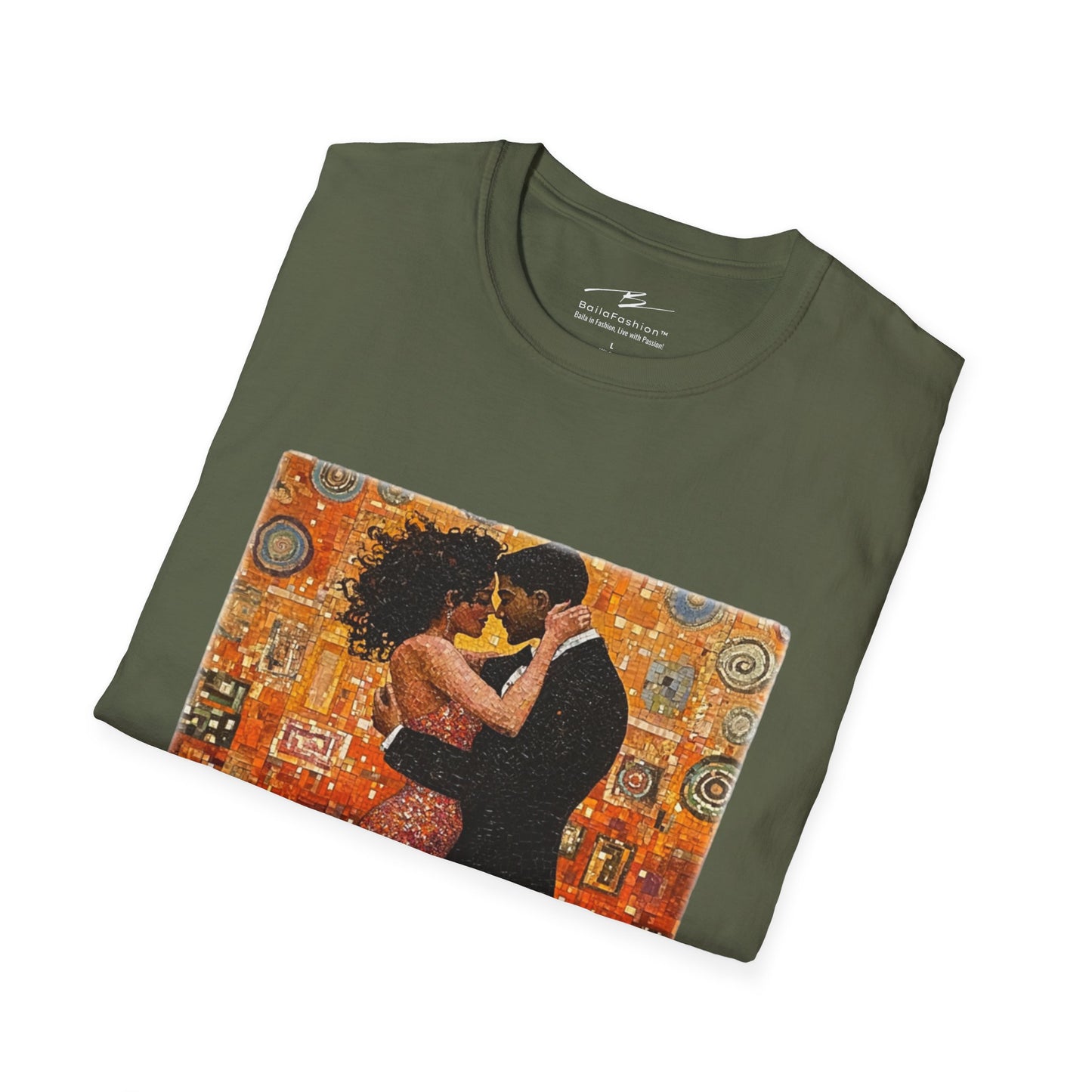 Amber Embrace T-Shirt | Klimt-Inspired Latin Dance Art | Salsa Bachata Couple | Dance Practice Wear | BailaFashion Streewear | Unisex Tee
