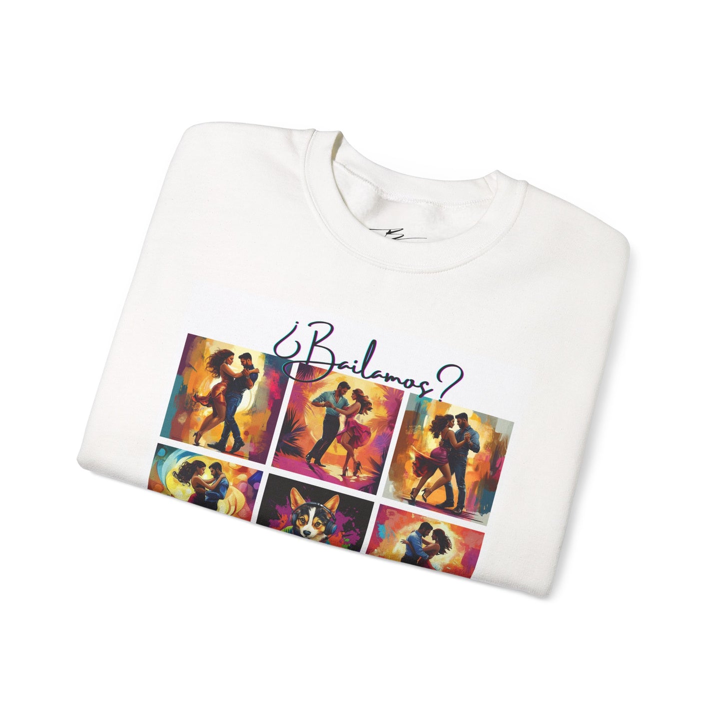 Bailamos? Latin Dance Collage Sweatshirt | DJ Corgi Salsa Bachata Art | Colorful Dance Couple | BailaFashion Sweater | Dance Practice Wear