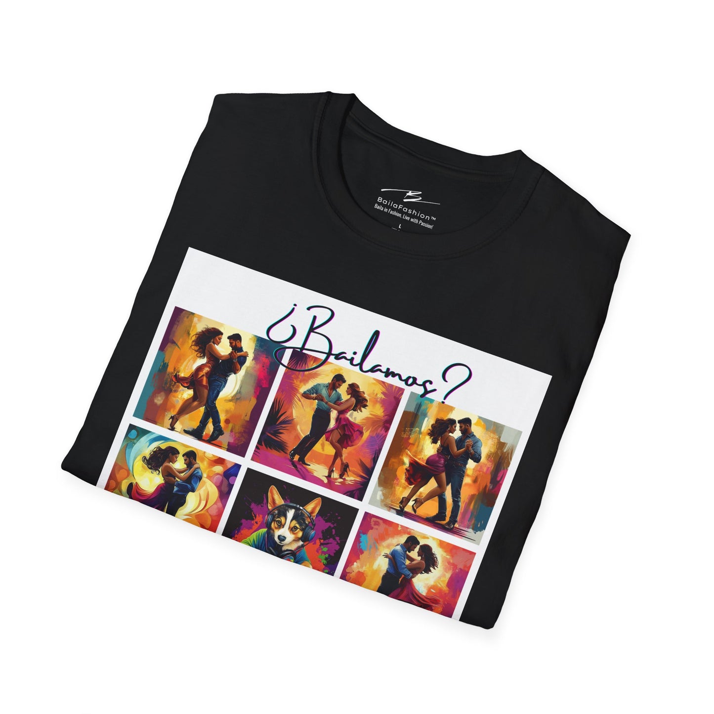 Bailamos? Latin Dance Collage T-Shirt | DJ Dog Salsa Bachata Scenes | Vibrant Dance Art | BailaFashion Streetwear | Dance Practice Tee