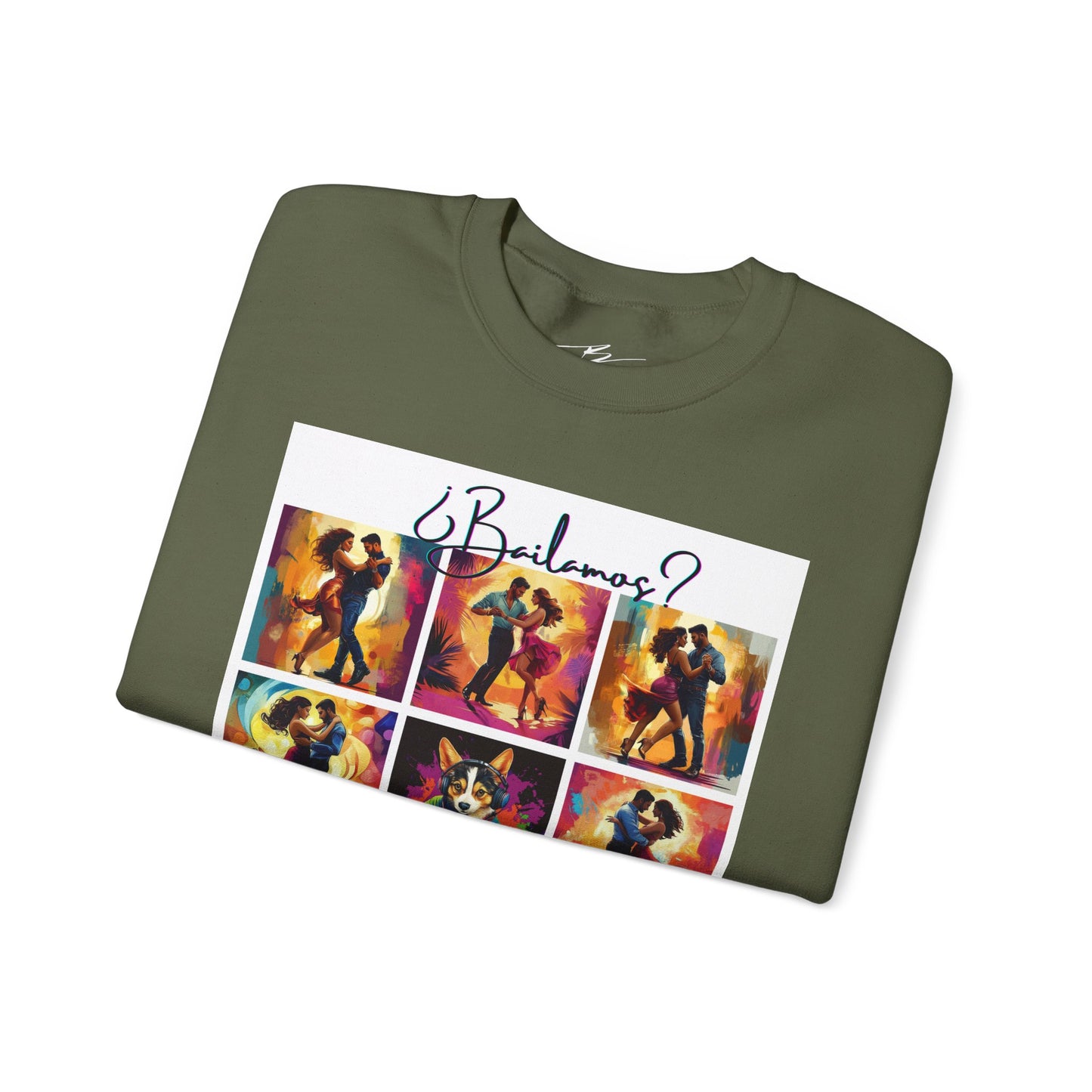 Bailamos? Latin Dance Collage Sweatshirt | DJ Corgi Salsa Bachata Art | Colorful Dance Couple | BailaFashion Sweater | Dance Practice Wear