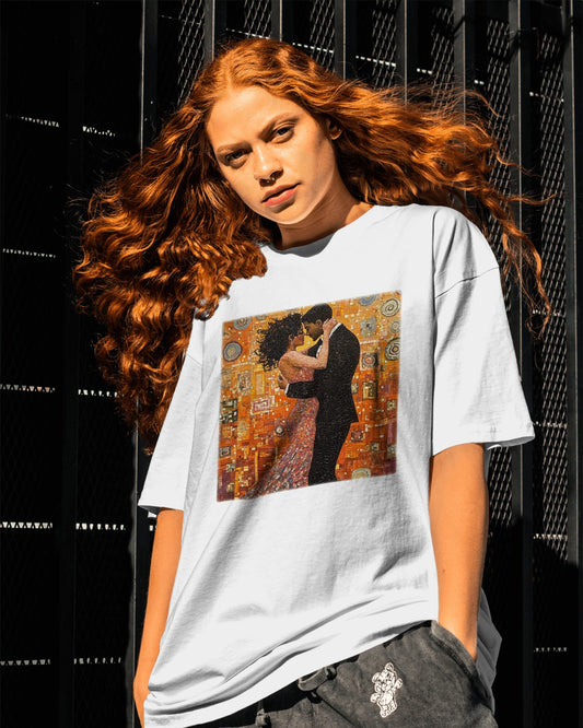 Amber Embrace T-Shirt | Klimt-Inspired Latin Dance Art | Salsa Bachata Couple | Dance Practice Wear | BailaFashion Streewear | Unisex Tee