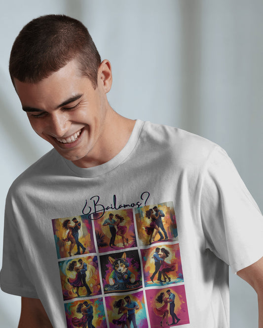 Bailamos? Latin Dance Collage T-Shirt | DJ Dog Salsa Bachata Scenes | Vibrant Dance Art | BailaFashion Streetwear | Dance Practice Tee