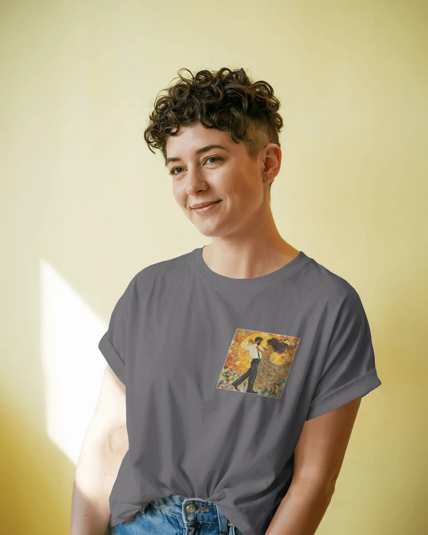 Golden Rhythm Pocket Print T-Shirt | Klimt-Inspired Latin Dance Art | Salsa Bachata Couple Top | Unisex Practice Tee | Studio Dance Wear