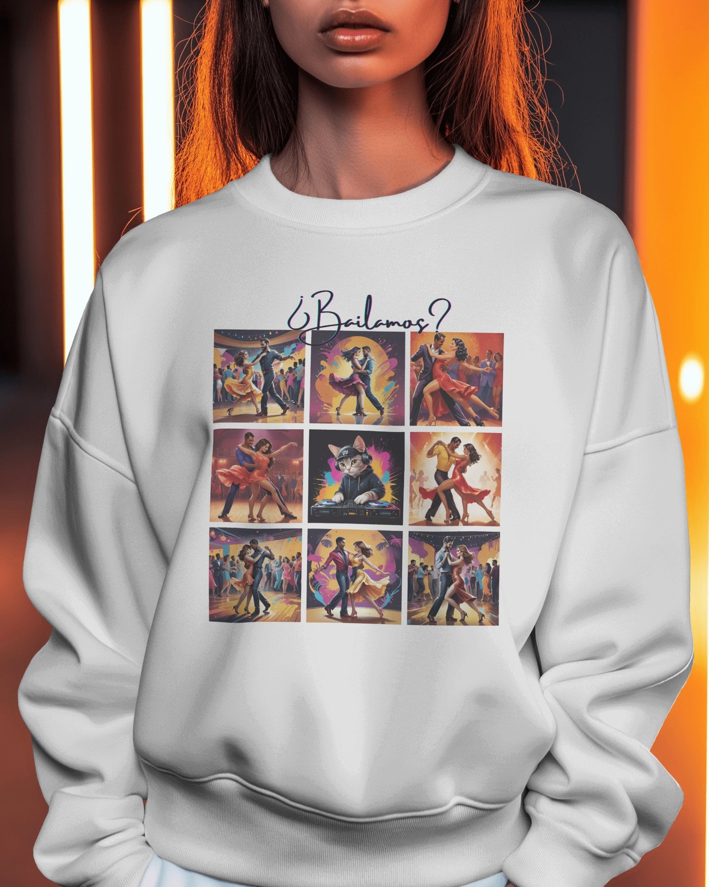 Bailamos? Latin Dance Collage Sweatshirt | DJ Cat Salsa Bachata Art | Vibrant Social Dancing | BailaFashion Streewear | Dance Practice Wear