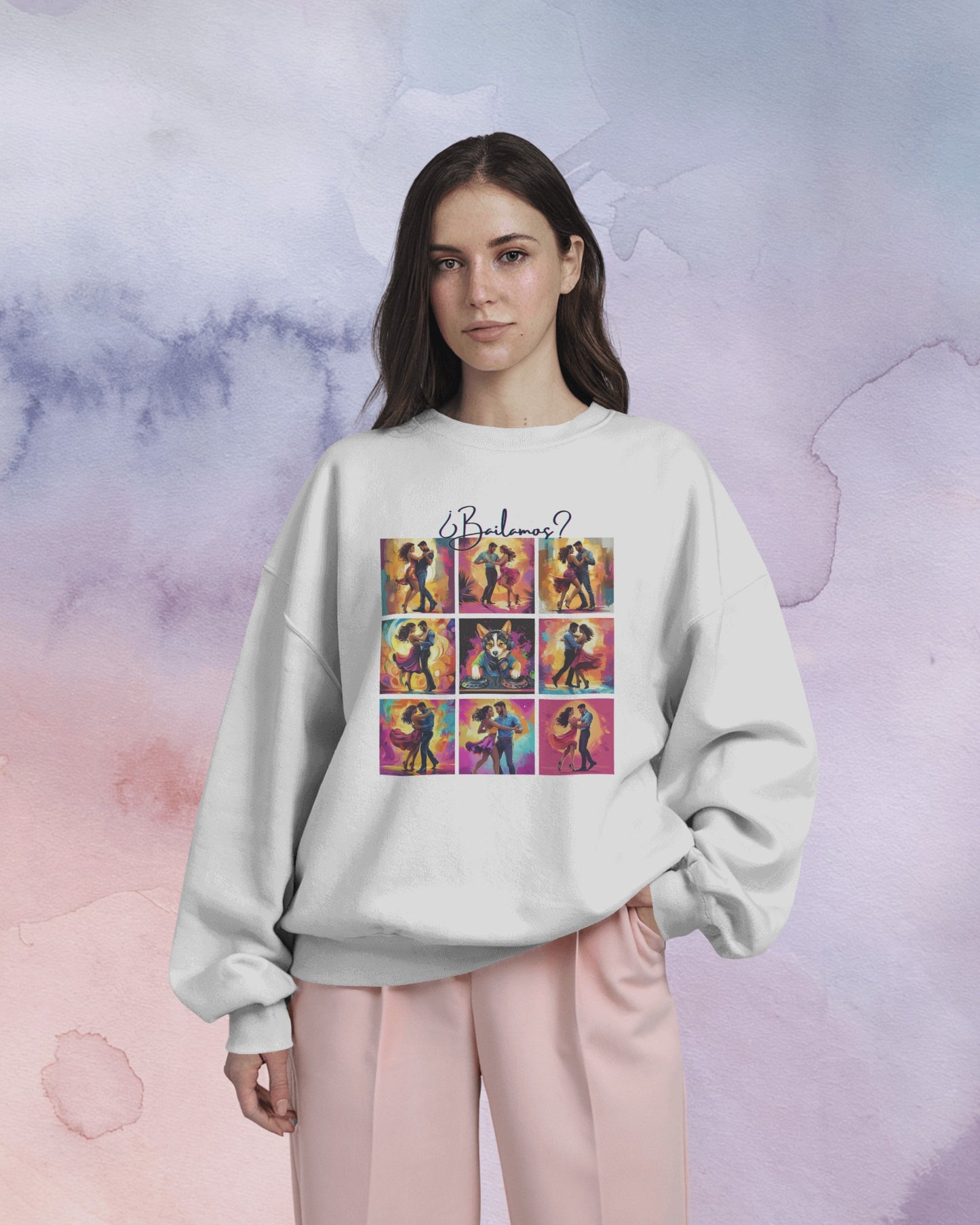 Bailamos? Latin Dance Collage Sweatshirt | DJ Corgi Salsa Bachata Art | Colorful Dance Couple | BailaFashion Sweater | Dance Practice Wear