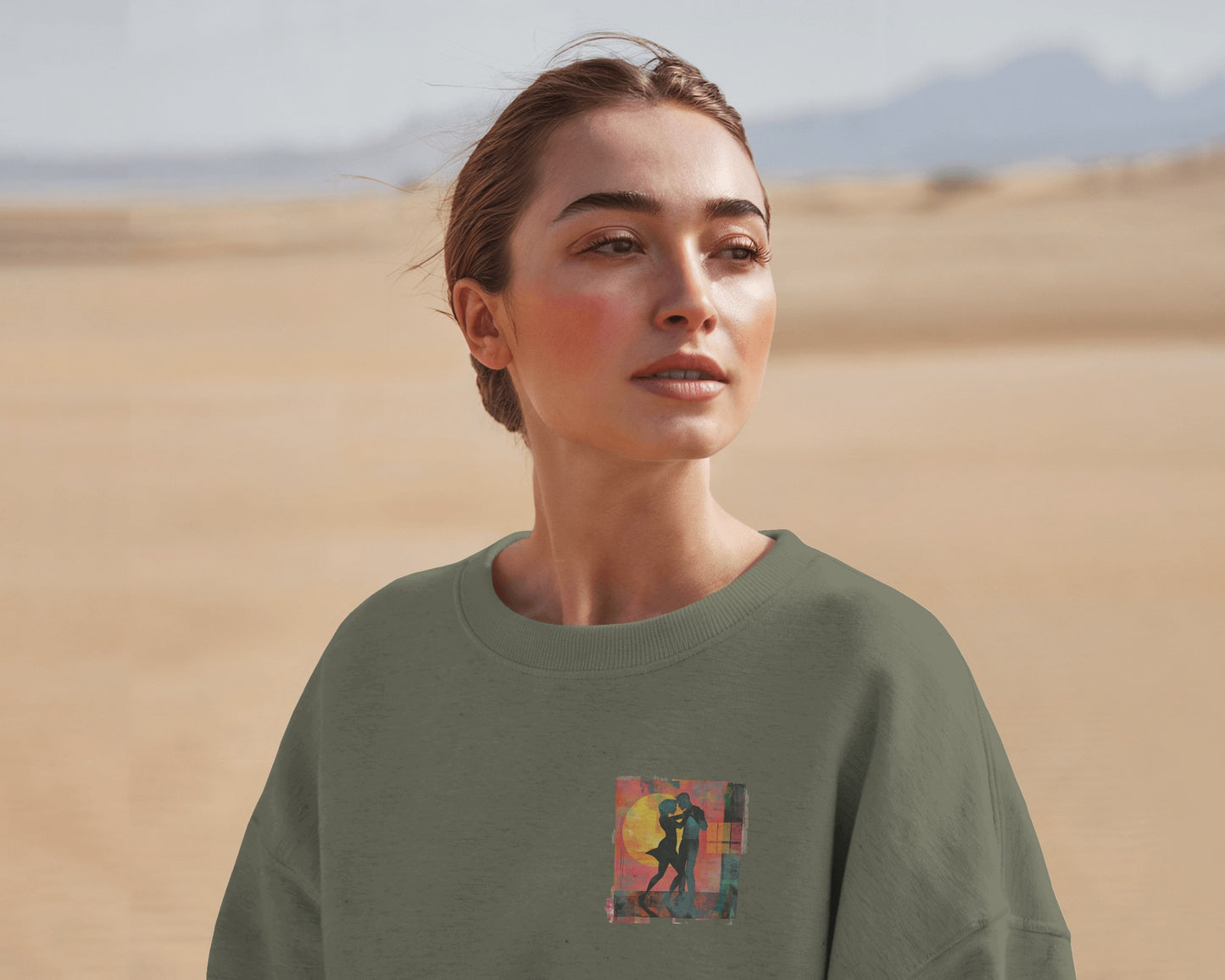 Sunset Romance Pocket Print Sweatshirt | Latin Dance Couple Silhouette | Salsa Bachata Jazz HipHop Lovers | White Crewneck | BailaFashion