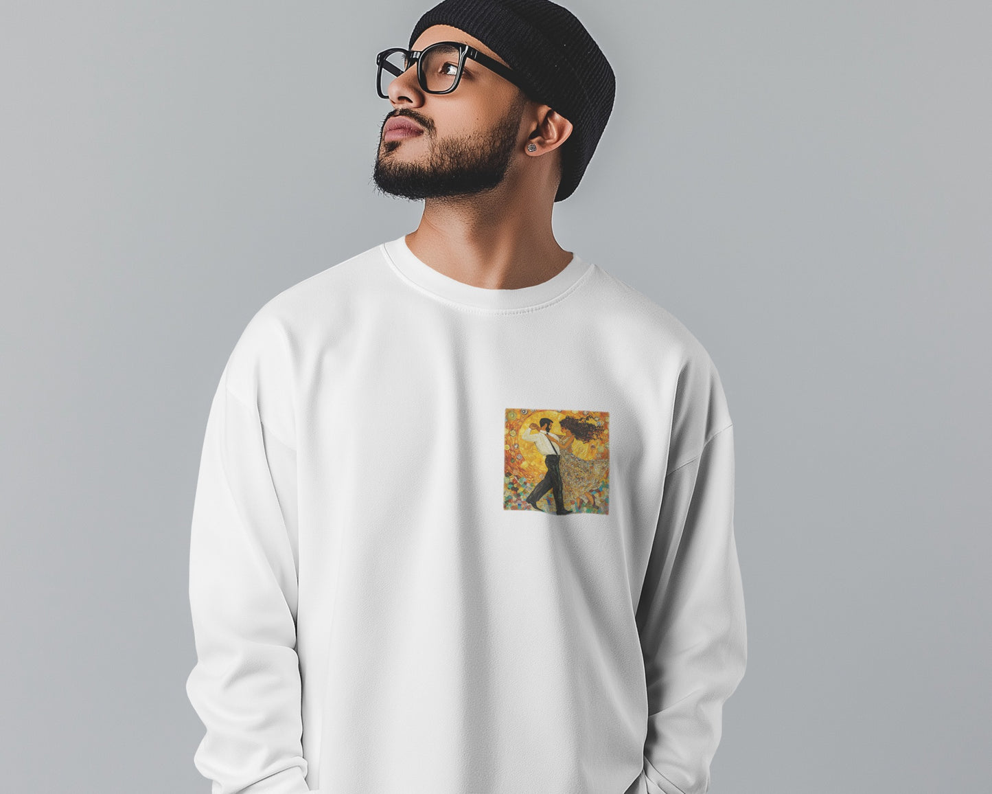 Golden Rhythm Pocket Print Sweatshirt | Latin Dance Art | Salsa Bachata Couple | Dance Lifestyle Streetwear | BailaFashion Couple Sweater