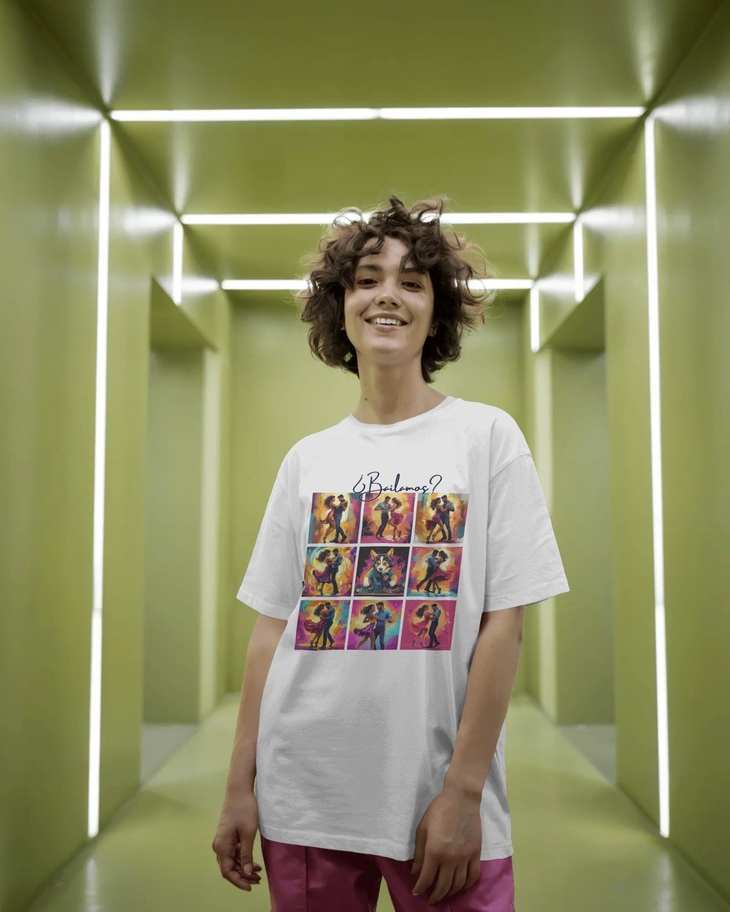 Bailamos? Latin Dance Collage T-Shirt | DJ Dog Salsa Bachata Scenes | Vibrant Dance Art | BailaFashion Streetwear | Dance Practice Tee