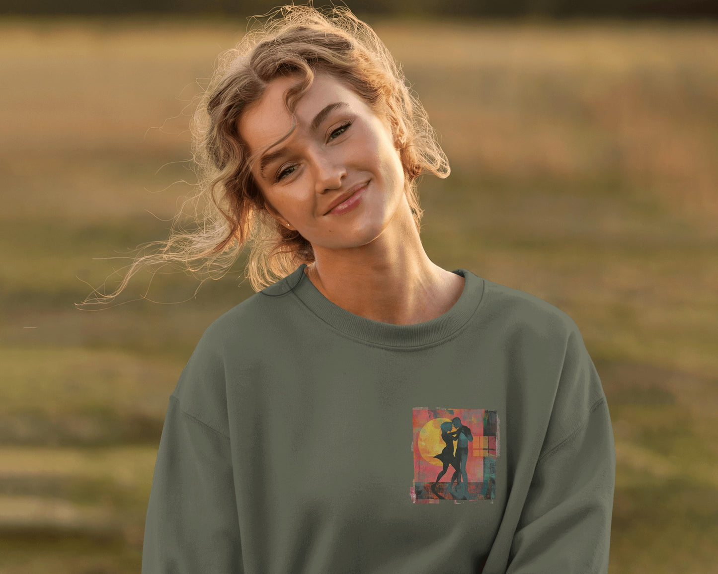 Sunset Romance Pocket Print Sweatshirt | Latin Dance Couple Silhouette | Salsa Bachata Jazz HipHop Lovers | White Crewneck | BailaFashion