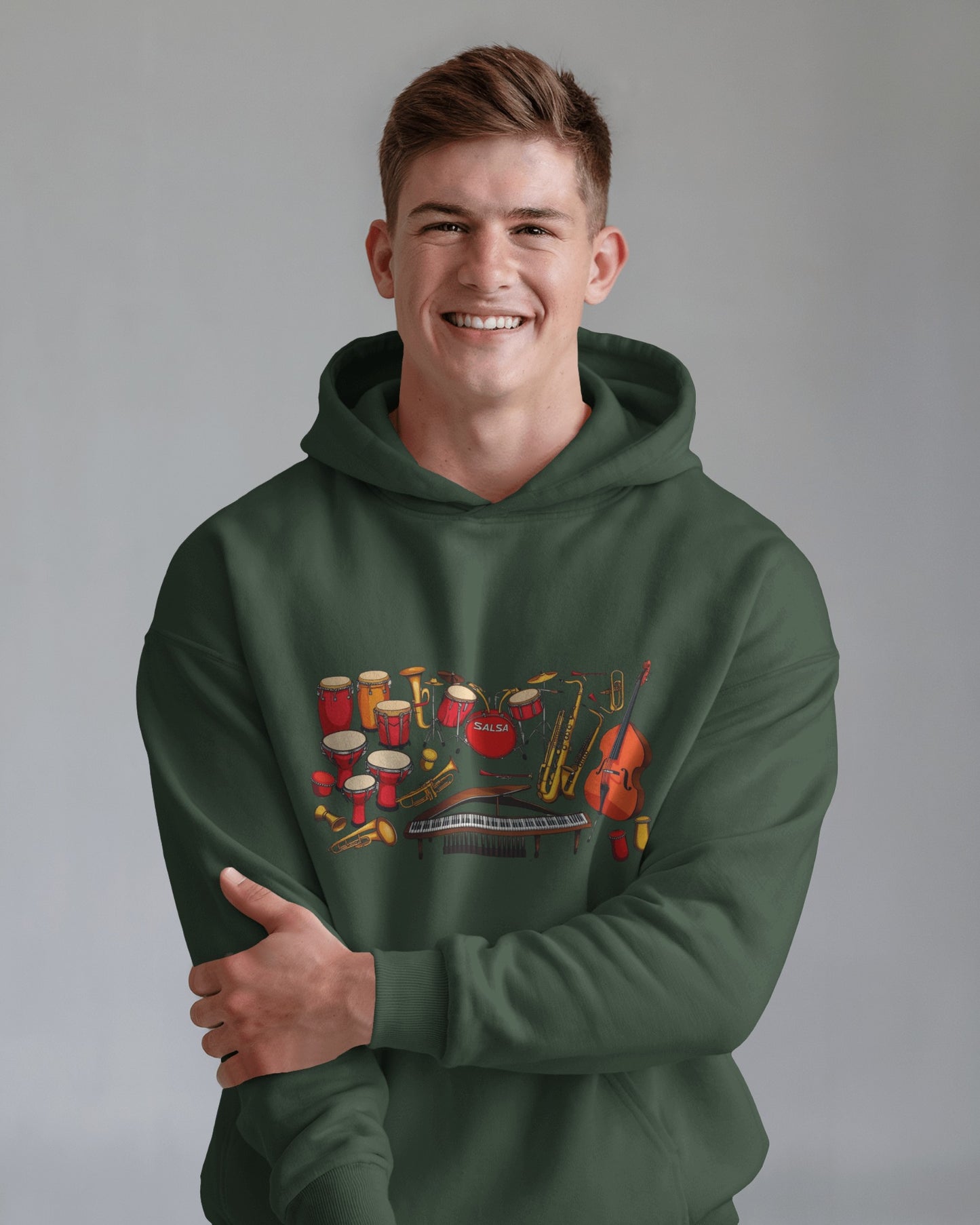 Salsa Orchestra Instruments Hoodie | Latin Music Band Art | Musician Dancer Gift | Vibrant Red Gold Design | BailaFashion Comfy Couple Wear