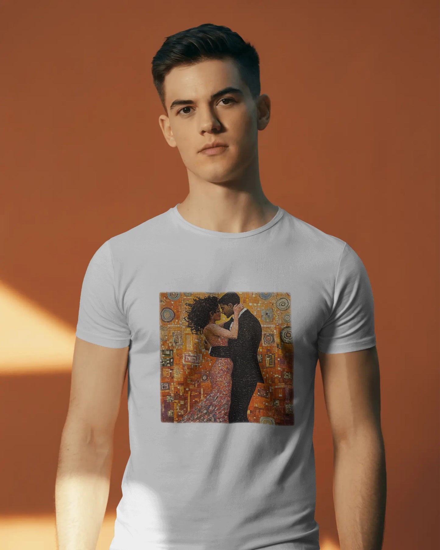 Amber Embrace T-Shirt | Klimt-Inspired Latin Dance Art | Salsa Bachata Couple | Dance Practice Wear | BailaFashion Streewear | Unisex Tee