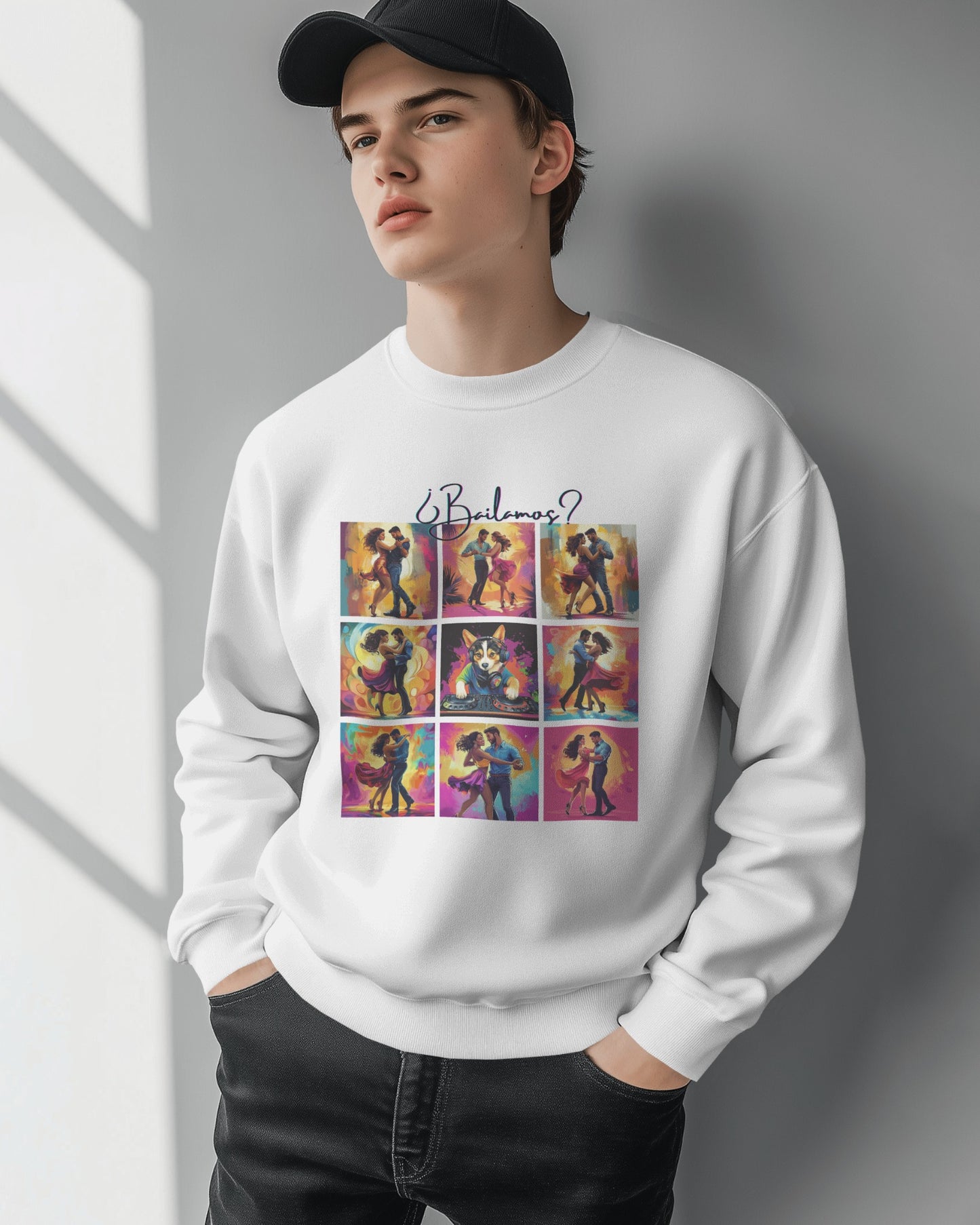 Bailamos? Latin Dance Collage Sweatshirt | DJ Corgi Salsa Bachata Art | Colorful Dance Couple | BailaFashion Sweater | Dance Practice Wear