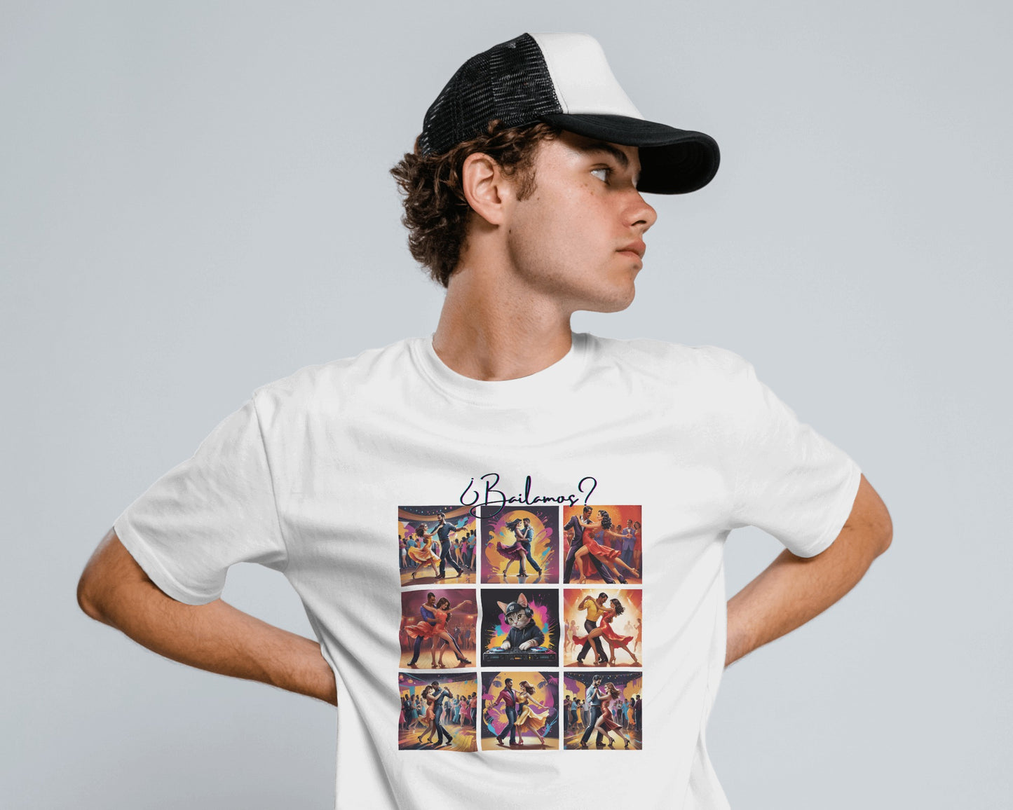 Bailamos? Latin Dance Collage T-Shirt | DJ Cat Salsa Bachata Scenes | Vibrant Dancer Art | BailaFashion Streetwear | Dance Practice Tee