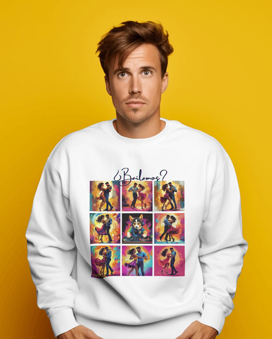 Bailamos? Latin Dance Collage Sweatshirt | DJ Corgi Salsa Bachata Art | Colorful Dance Couple | BailaFashion Sweater | Dance Practice Wear