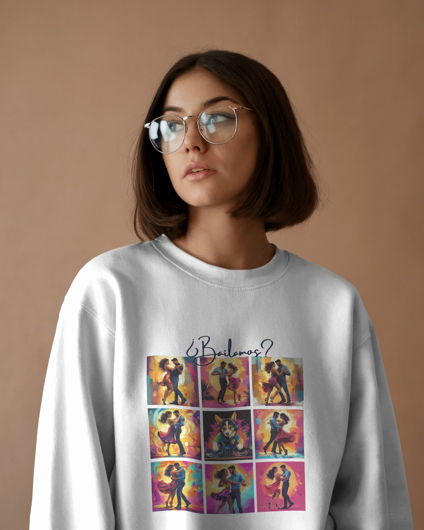 Bailamos? Latin Dance Collage Sweatshirt | DJ Corgi Salsa Bachata Art | Colorful Dance Couple | BailaFashion Sweater | Dance Practice Wear