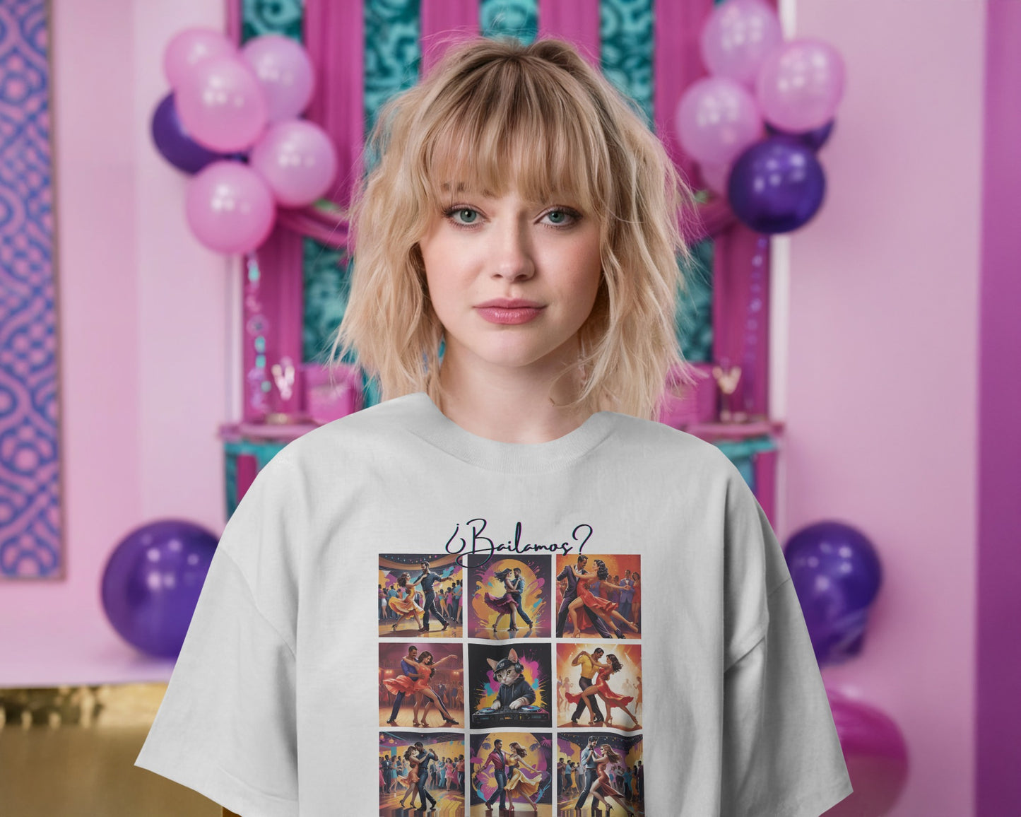 Bailamos? Latin Dance Collage T-Shirt | DJ Cat Salsa Bachata Scenes | Vibrant Dancer Art | BailaFashion Streetwear | Dance Practice Tee