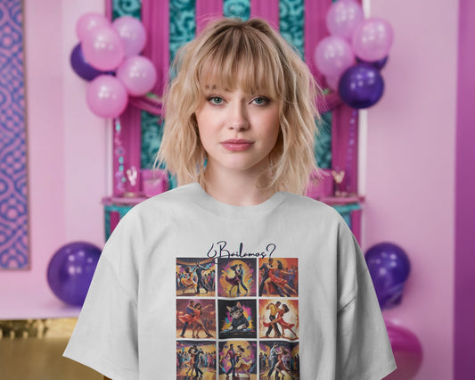 Bailamos? Latin Dance Collage T-Shirt | DJ Cat Salsa Bachata Scenes | Vibrant Dancer Art | BailaFashion Streetwear | Dance Practice Tee