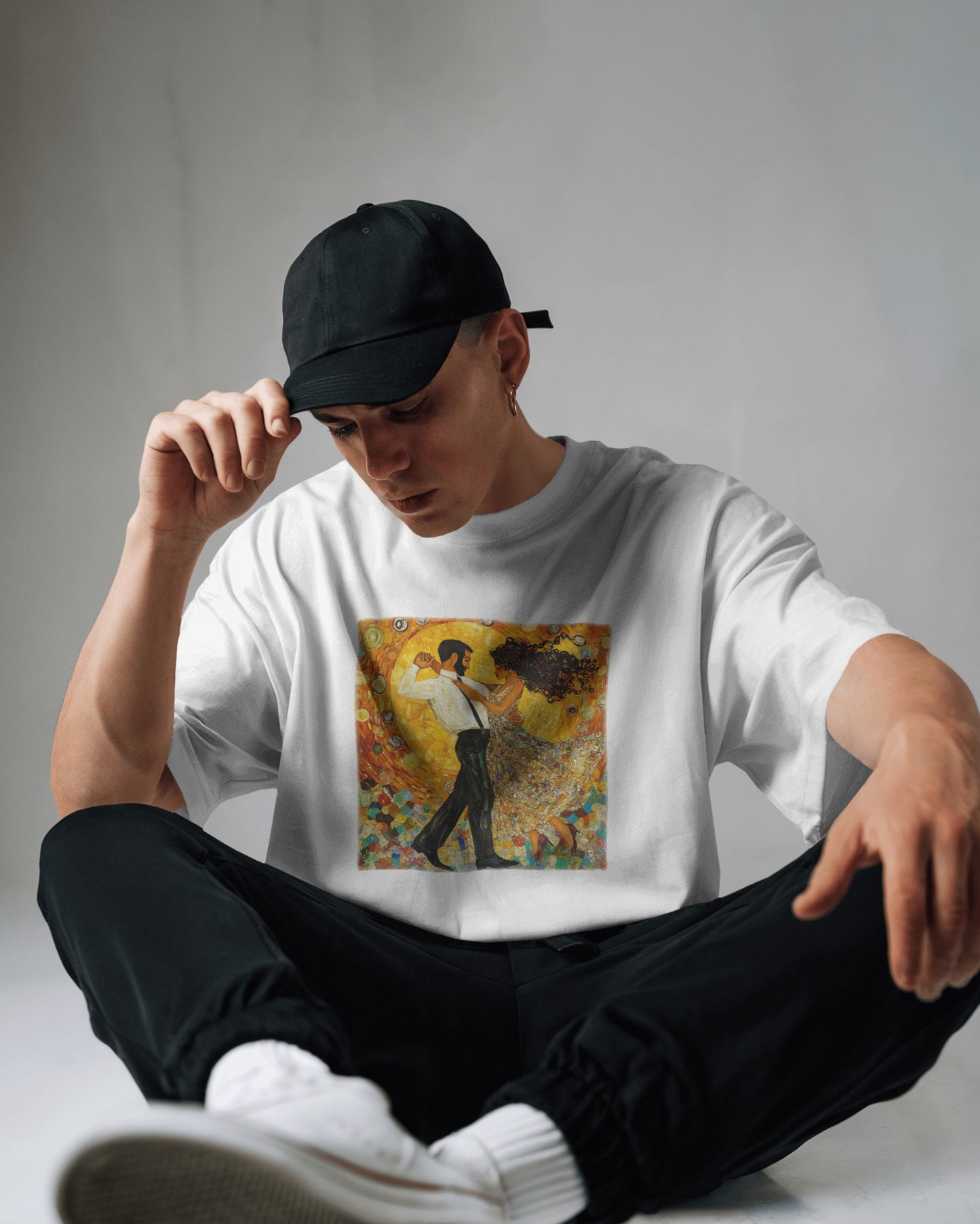 Golden Rhythms Art T-Shirt | Klimt-Inspired Latin Dance Art | Salsa Bachata Couple | Dance Lifestyle StreetWear | BailaFashion Casual Wear