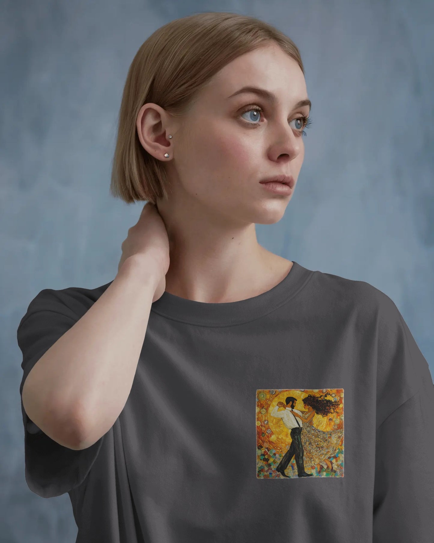 Golden Rhythm Pocket Print T-Shirt | Klimt-Inspired Latin Dance Art | Salsa Bachata Couple Top | Unisex Practice Tee | Studio Dance Wear