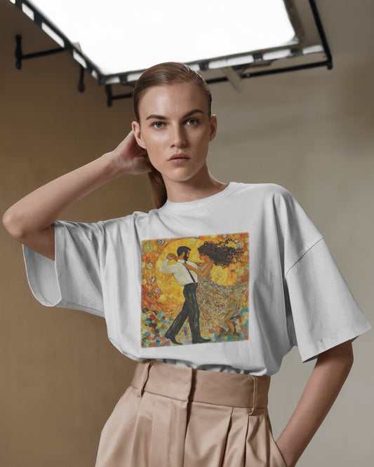 Golden Rhythms Art T-Shirt | Klimt-Inspired Latin Dance Art | Salsa Bachata Couple | Dance Lifestyle StreetWear | BailaFashion Casual Wear