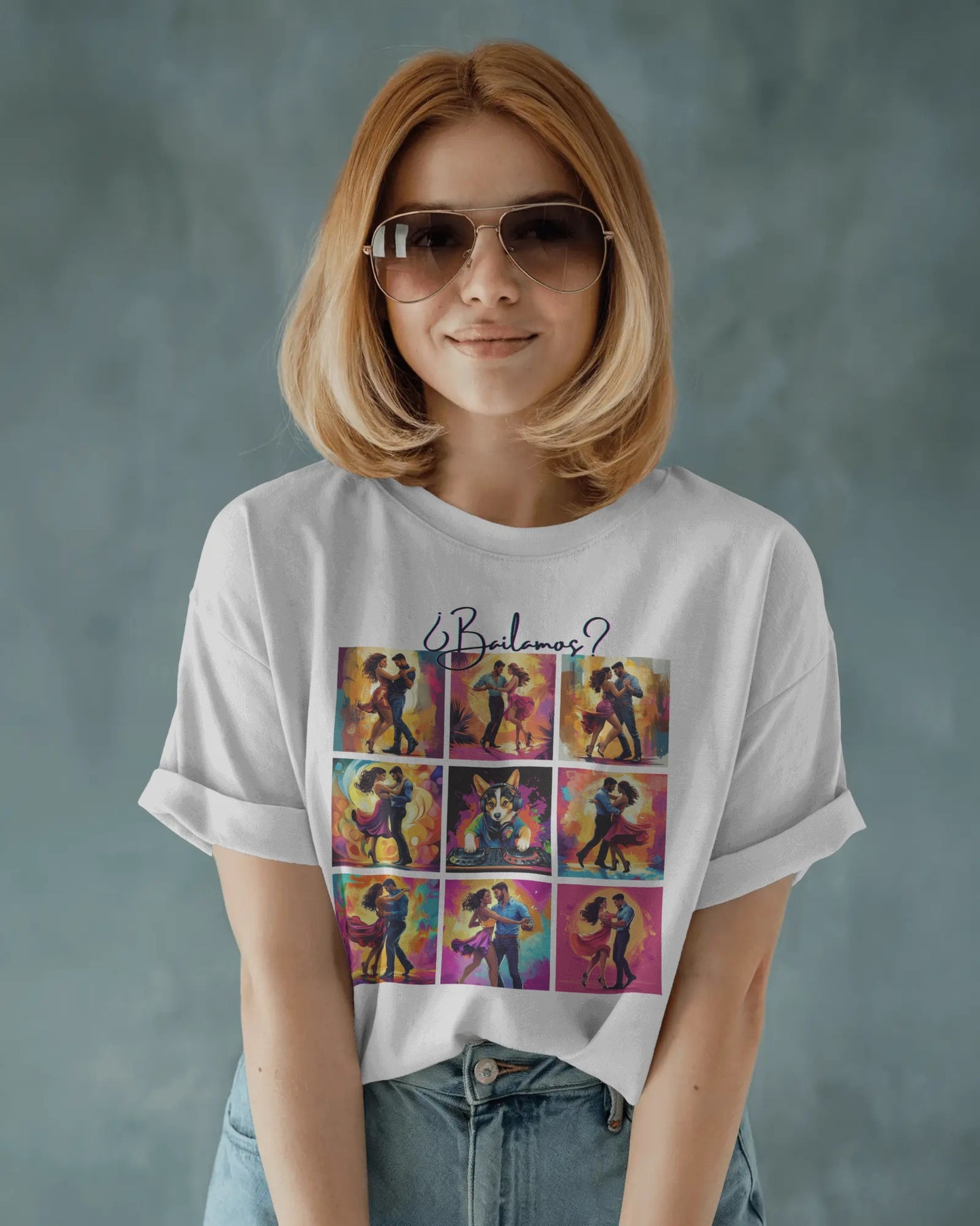 Bailamos? Latin Dance Collage T-Shirt | DJ Dog Salsa Bachata Scenes | Vibrant Dance Art | BailaFashion Streetwear | Dance Practice Tee