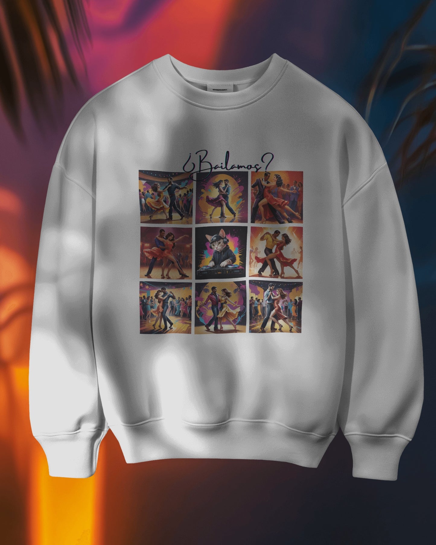 Bailamos? Latin Dance Collage Sweatshirt | DJ Cat Salsa Bachata Art | Vibrant Social Dancing | BailaFashion Streewear | Dance Practice Wear