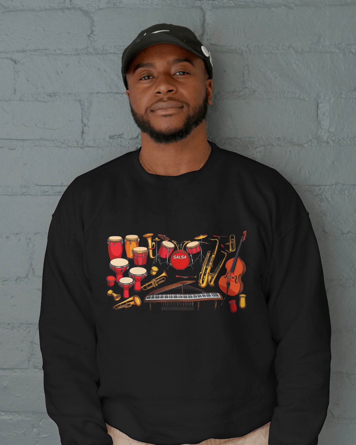 Salsa Orchestra Instruments Sweatshirt | Latin Music Band Art | Musician Dancer Gift | Vibrant Red Gold Design | Comfy Casual Couple Wear