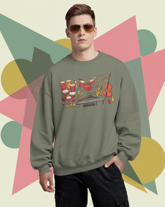 Salsa Orchestra Instruments Sweatshirt | Latin Music Band Art | Musician Dancer Gift | Vibrant Red Gold Design | Comfy Casual Couple Wear