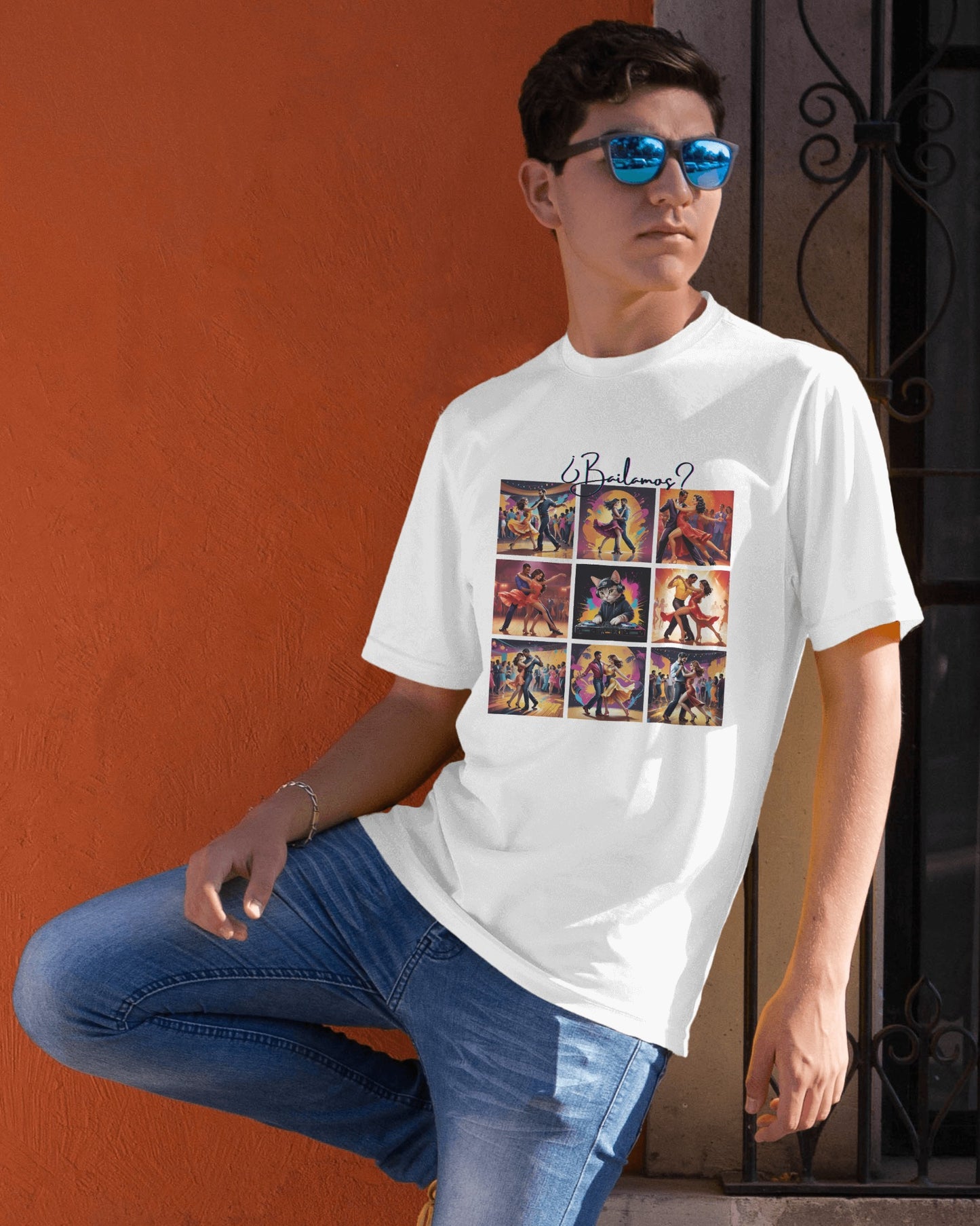 Bailamos? Latin Dance Collage T-Shirt | DJ Cat Salsa Bachata Scenes | Vibrant Dancer Art | BailaFashion Streetwear | Dance Practice Tee