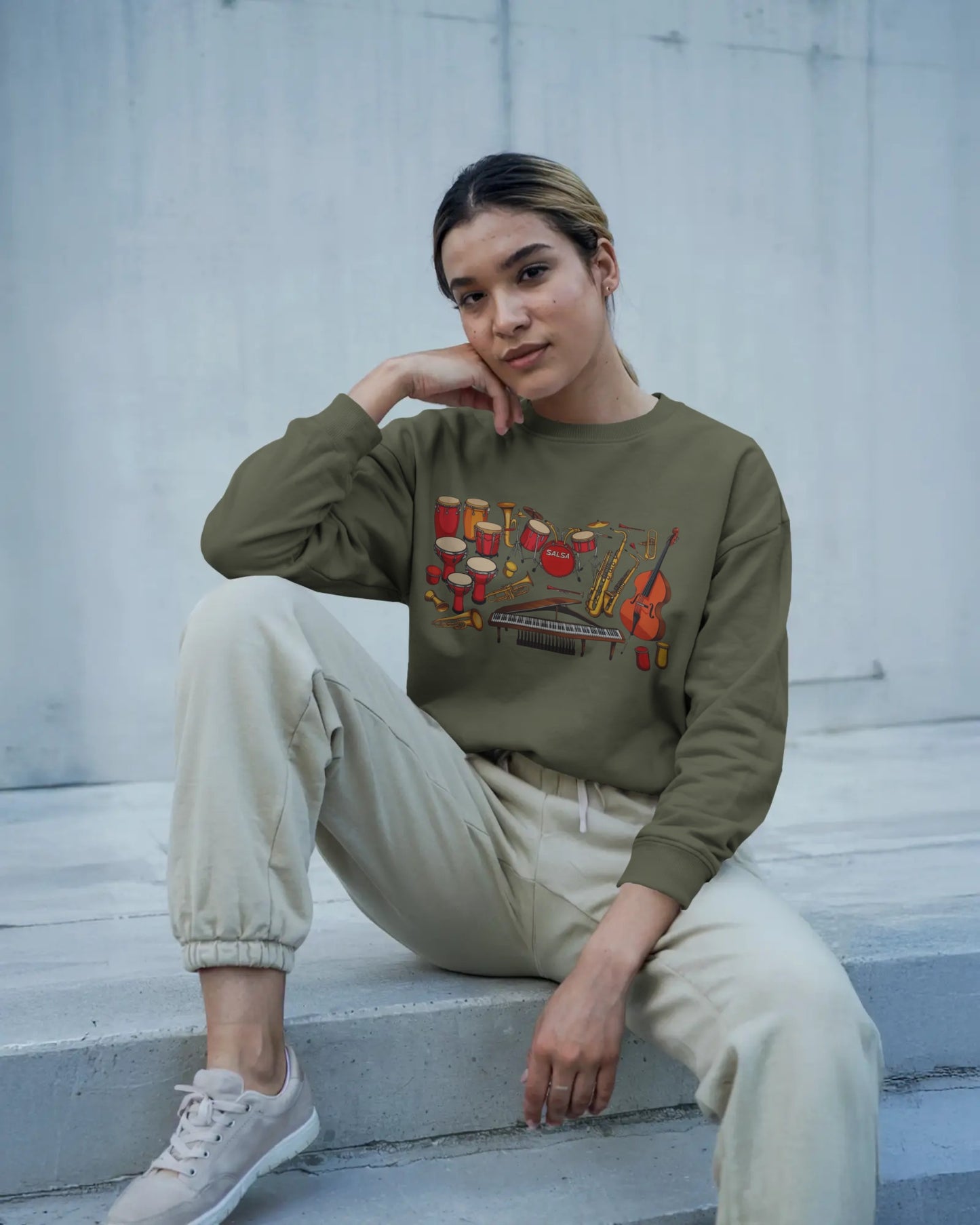 Salsa Orchestra Instruments Sweatshirt | Latin Music Band Art | Musician Dancer Gift | Vibrant Red Gold Design | Comfy Casual Couple Wear
