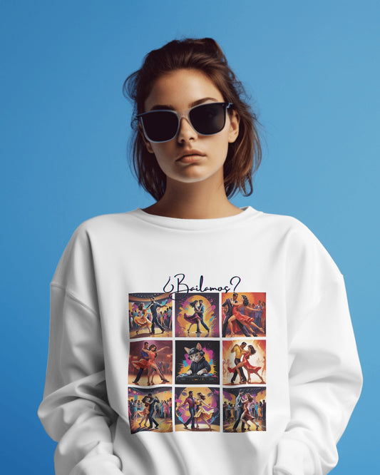 Bailamos? Latin Dance Collage Sweatshirt | DJ Cat Salsa Bachata Art | Vibrant Social Dancing | BailaFashion Streewear | Dance Practice Wear