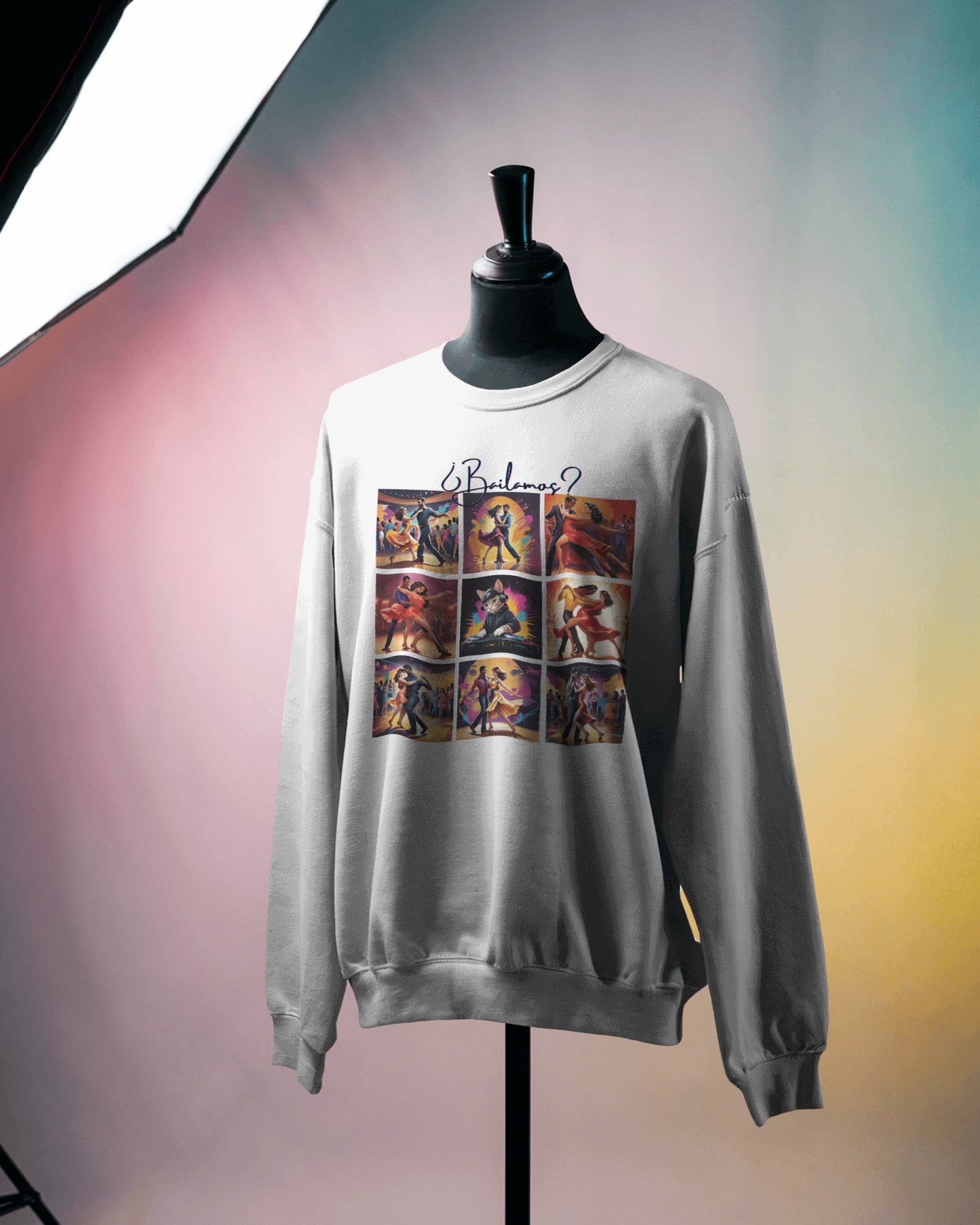 Bailamos? Latin Dance Collage Sweatshirt | DJ Cat Salsa Bachata Art | Vibrant Social Dancing | BailaFashion Streewear | Dance Practice Wear
