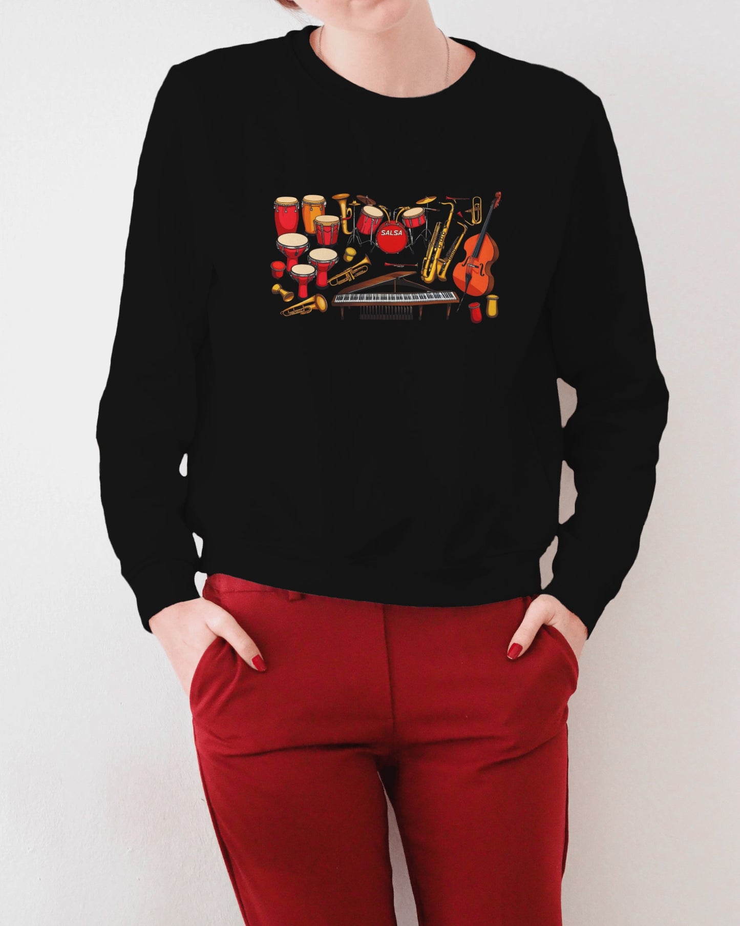 Salsa Orchestra Instruments Sweatshirt | Latin Music Band Art | Musician Dancer Gift | Vibrant Red Gold Design | Comfy Casual Couple Wear