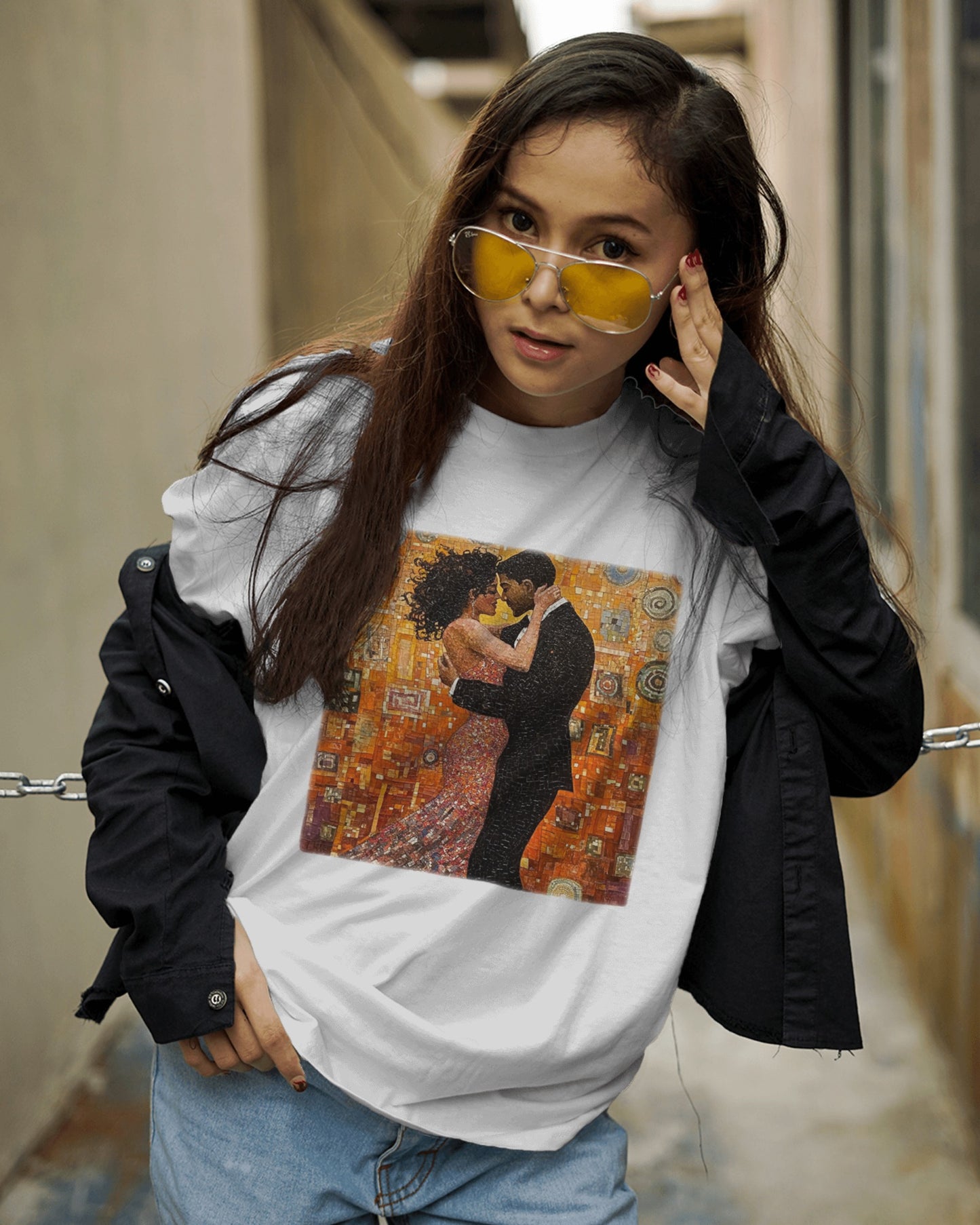 Amber Embrace T-Shirt | Klimt-Inspired Latin Dance Art | Salsa Bachata Couple | Dance Practice Wear | BailaFashion Streewear | Unisex Tee
